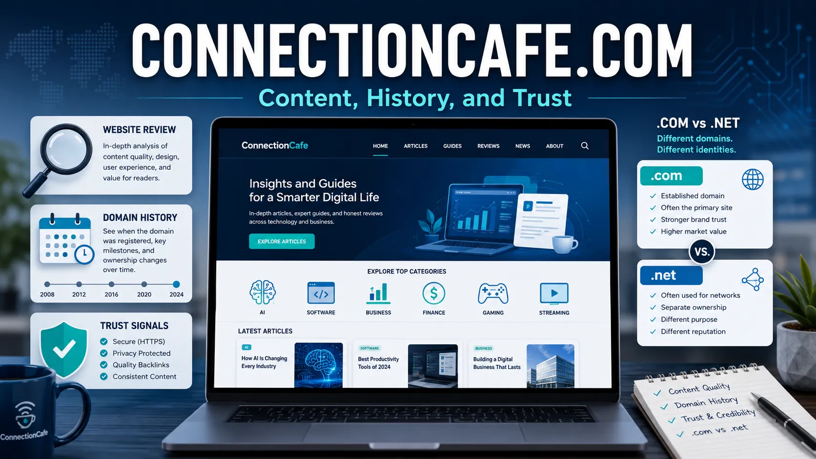 ConnectionCafe.com review covering content, domain history, and trust signals