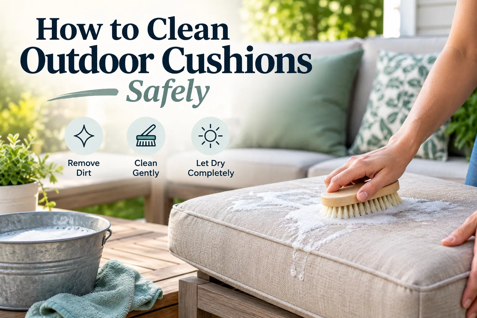 A hand scrubbing an outdoor cushion with a brush and soapy water, with the article title How to Clean Outdoor Cushions Safely