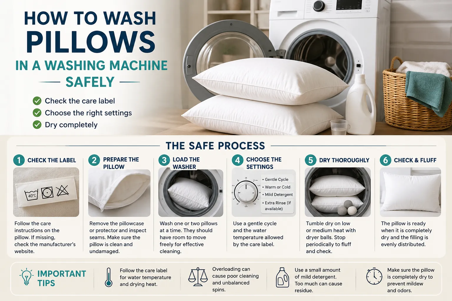 Six-step process for safely washing and drying machine-washable pillows