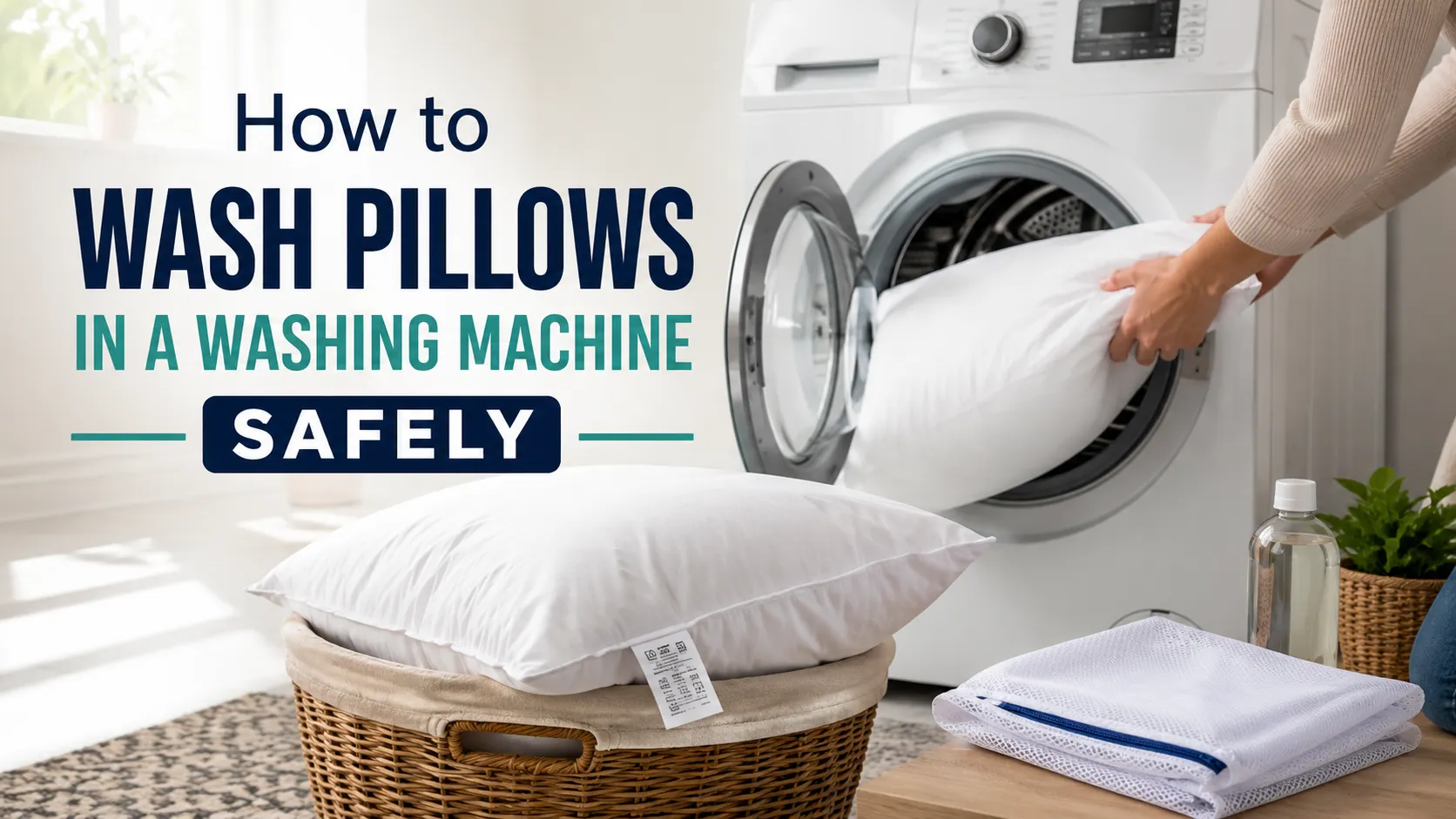 Pillows beside a washing machine with the article title How to Wash Pillows in a Washing Machine Safely