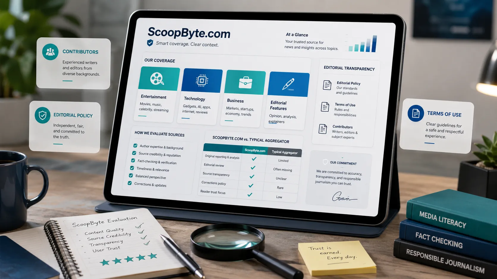 Illustrated summary of ScoopByte editorial policy, contributors, and coverage